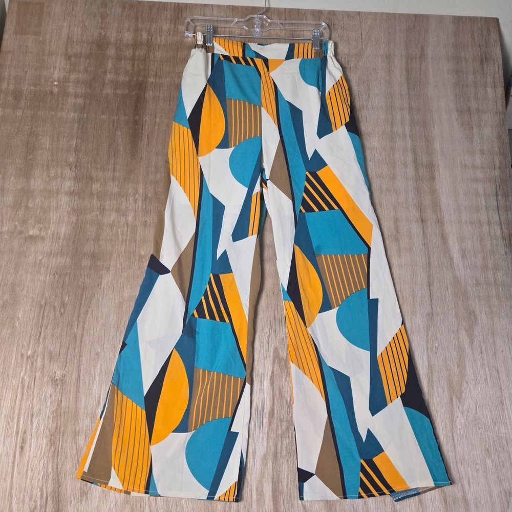Boho Retro Geometric Abstract Print Wide Leg Pants Size US 6 Medium Multi